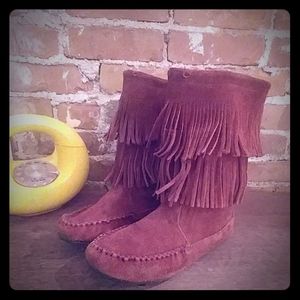 Burgundy Wine Double Fringe Minnetonka Boots
